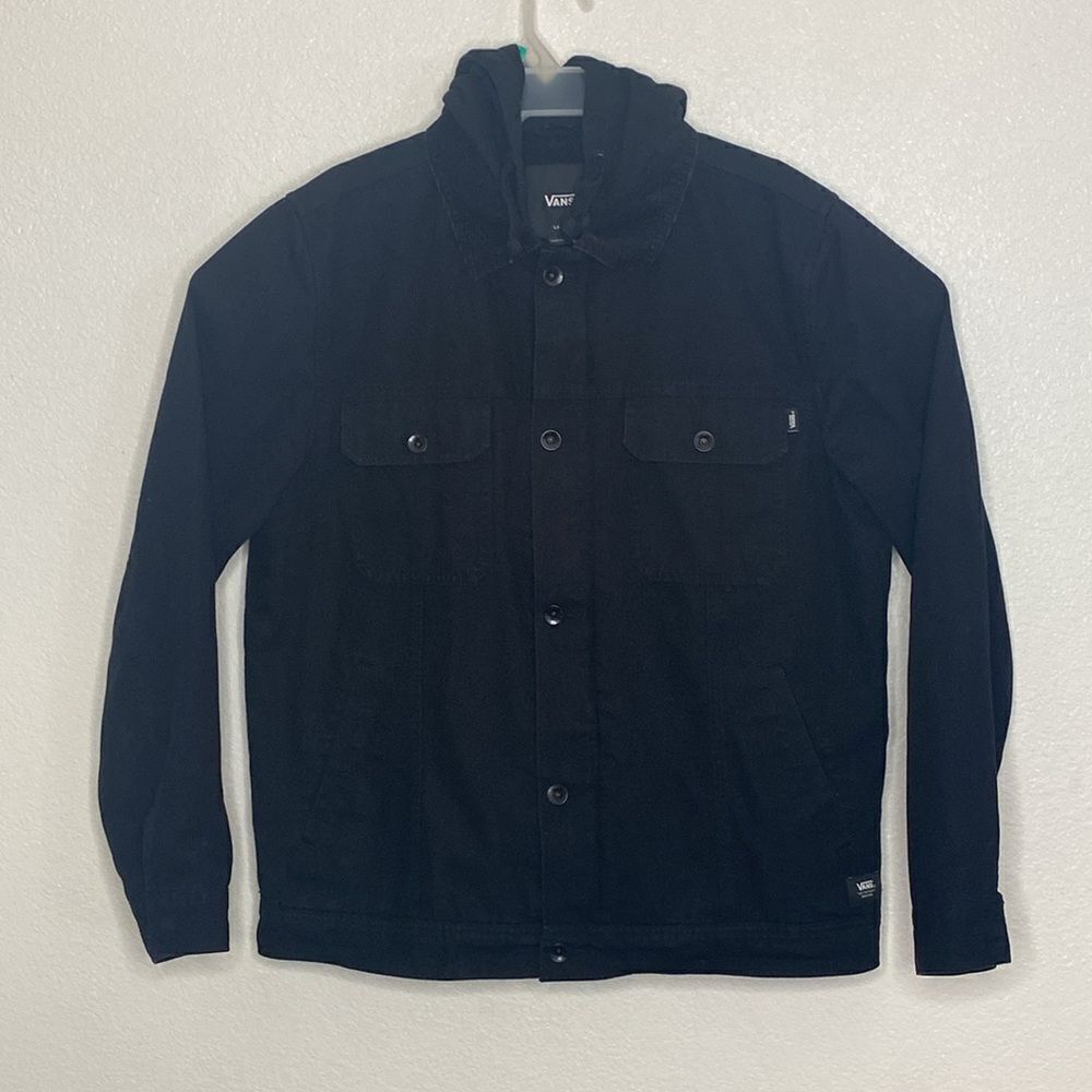VANS Men’s Black Full Zip/Metal Button Front Closure,Fully Lined Hooded Jacket L